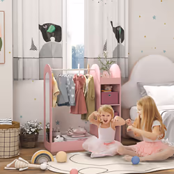 AIYAPLAY Kids Clothes Rail with Storage Shelf, Boxes, Mirror, Pink
