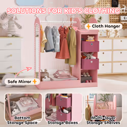 AIYAPLAY Kids Clothes Rail with Storage Shelf, Boxes, Mirror, Pink