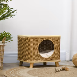 PawHut Elevated Design Wicker Cat House with Washable Cushion, Light Brown