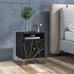 HOMCOM Modern Bedside Table with Drawer and Open Shelf Black Marble Effect