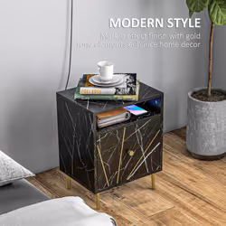 HOMCOM Modern Bedside Table with Drawer and Open Shelf Black Marble Effect