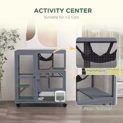 PawHut Indoor Catio Cat House on Wheels with Platforms, Hammock