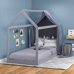 HOMCOM Wooden Single Bed Frame with Tree House Style, Grey - Additional view 7