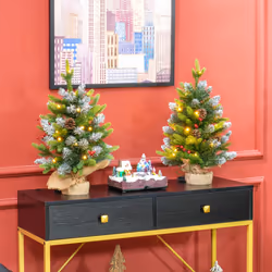 HOMCOM 2 Pieces 2' Prelit Artificial Tabletop Christmas Trees, LED Display