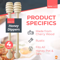 4pk Wooden Honey Spoon 16cm Syrup Pot Wood Dipper Drizzler Stick