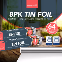 8pk Tin Foil Roll 64M Aluminium Kitchen Foil Roll 8M x 29cm Non-Stick Aluminium Foil for Wrapping, Grilling & BBQ Tinfoil Roll Dispenser & Cutter