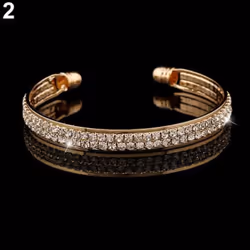 Lady&apos;s 2 Rows Crystal Rhinestone Bangle Wristband Cuff Open Bracelet Jewelry
