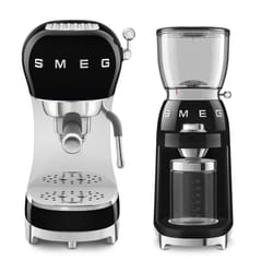 Smeg 50's Style Retro Coffee Range Set, Espresso Coffee Machine with Steam Wand, with Stainless Steel Grinders, Black, ECF02BLUK and CGF11BLUK