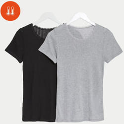 EX M&S Womens 2pk Thermal Short Sleeve Pointelle Tops - Grey/Black, 20