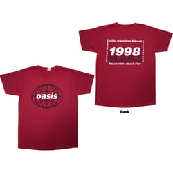 Oasis T-Shirt: 1998 World Tour - South America (Red) (Back Print) - Red, Large