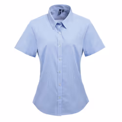 Premier Womens/Ladies Microcheck Short Sleeve Cotton Shirt - M, Light Blue/White