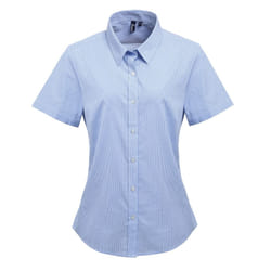 Premier Womens/Ladies Microcheck Short Sleeve Cotton Shirt - M, Light Blue/White