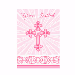 Unique Party Radiant Cross Paper Design Christening Party Invites (Pack Of 8) - One Size, White/Pink