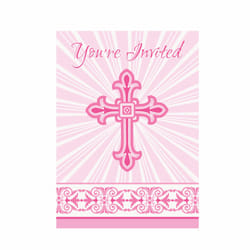Unique Party Radiant Cross Paper Design Christening Party Invites (Pack Of 8) - One Size, White/Pink