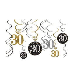 Amscan Sparkling Gold Celebration 30th Birthday Hanging Swirl Decorations - 12 Pack