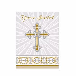 Unique Party Radiant Cross Paper Design Christening Party Invites (Pack Of 8) - One Size, Silver/Gold