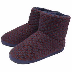 DUNLOP - Mens Furry Sherpa Memory Foam Slipper Boots - 7, Navy/Burgundy