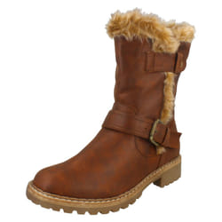 ) Ladies Down To Earth Fur Trim Calf Boots - UK 5, Cognac (Brown