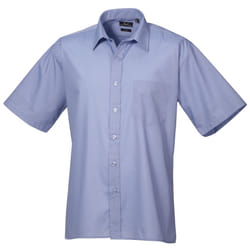 Premier Mens Short Sleeve Formal Poplin Plain Work Shirt - 22, Mid Blue