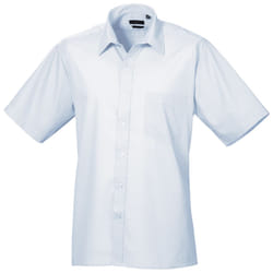 Premier Mens Short Sleeve Formal Poplin Plain Work Shirt - 22, Light Blue