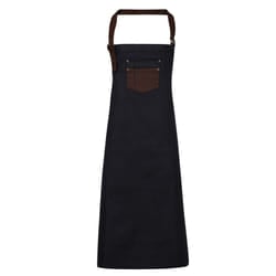Premier Unisex Adults Division Waxed Look Faux Leather Denim Bib Apron - One Size, Indigo/Brown Denim