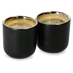 Ceramic Espresso Coffee Cups Set Of 2 Matte Black & Gold Handleless Mugs 70ml