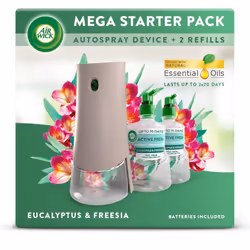 Air Wick Aerosol-Free Automatic Air Freshener Spray Starter Kit, Eucalyptus, 1 gadget, 2 Refills & 2 AA Batteries, 24x7