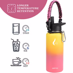 AMITER Insulated Bottle with Straw & Spout Lid  Wide Mouth Stainless Steel Water Bottles with Paracord Handle - 22oz  32oz  40oz  64oz