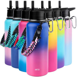 AMITER Water Bottle for Kids with Wide Mouth Straw Lid & Handle Lid (22oz  32oz  40oz  64oz)  Vacuum 18/8 Insulated Stainless Steel Flask Thermos Leak