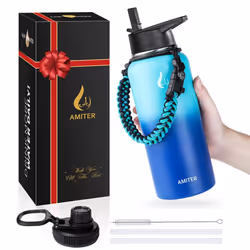 AMITER Insulated Bottle with Straw & Spout Lid Wide Mouth Stainless Steel Water Bottles with Paracord Handle - 22oz 32oz 4 ...