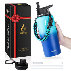 AMITER Insulated Bottle with Straw & Spout Lid  Wide Mouth Stainless Steel Water Bottles with Paracord Handle - 22oz  32oz  40oz  64oz