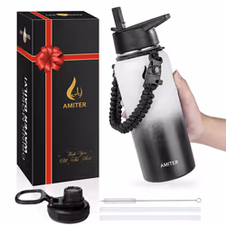 AMITER Insulated Bottle with Straw & Spout Lid Wide Mouth Stainless Steel Water Bottles with Paracord Handle - 22oz 32oz 4 ...