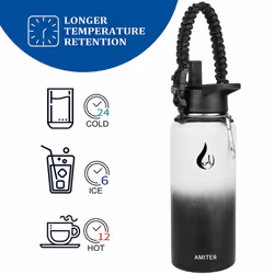 AMITER Insulated Bottle with Straw & Spout Lid  Wide Mouth Stainless Steel Water Bottles with Paracord Handle - 22oz  32oz  40oz  64oz