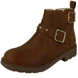 Girls Clarks Zip Fastened Ankle Boots With Studded Strap Astrol Trim K - Tan, UK 2.5 Child