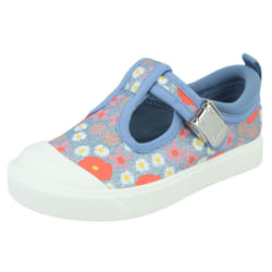 Girls Clarks Casual T-Bar Shoes City Dance - Silver Floral, UK 4.5 Infant