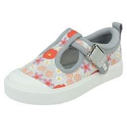 Girls Clarks Casual T-Bar Shoes City Dance - Silver Floral, UK 5 Infant