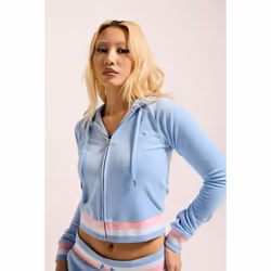 Juicy Couture Velour Cropped Stripe Hoodie Polyester Women's Blue Hooded Sweatshirt - Blue, XL