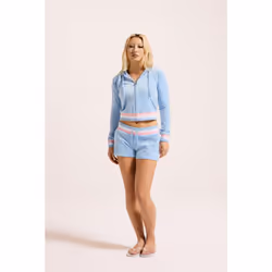 Juicy Couture Velour Cropped Stripe Hoodie Polyester Women's Blue Hooded Sweatshirt - Blue, XL