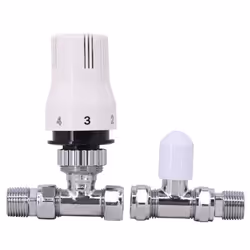 White&Chrome Thermostatic Straight Radiator Towel Rail Valves 15mm TRV Tap with Free Manual Straight Valve