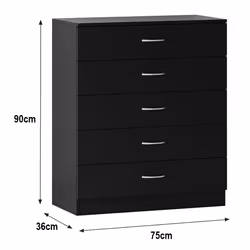 NRG Chest of Drawers With Metal Handles Bedroom Furniture Storage Cabinets - 5 Drawer-With Metal Handles, Black