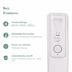 NRG White Oil Filled Radiator 1.5KW Portable Electric Heater Adjustable Thermostat-3 heat setting 7 Fin