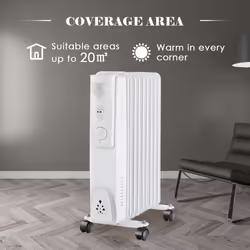 NRG Portable Oil Filled Radiator Electric 2KW Adjustable Thermostat 9 Fin Radiator Heater with 3 Power Settings White