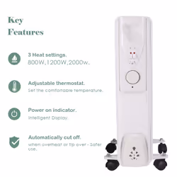 NRG Portable Oil Filled Radiator Electric 2KW Adjustable Thermostat 9 Fin Radiator Heater with 3 Power Settings White