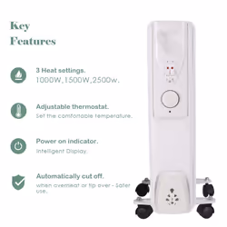 NRG Portable Oil Filled Radiator Electric 2.5KW Adjustable Thermostat 11 Fin Radiator Heater with 3 Power Settings White