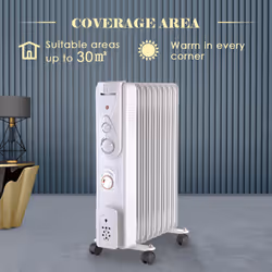 NRG Oil Filled Radiator Portable 9 Fin Electric Heater with Timer & Safety Tip Over Switch & Adjustable Thermostat (White 2KW)