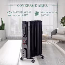 NRG 9 Fin Oil Filled Radiator Electric Heaters with 24 Hour Timer Safety Thermal Cut Off 2KW Black