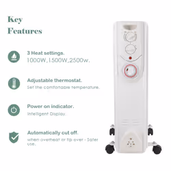 NRG 11 Fin Oil Filled Radiator Portable Electric Heater - 24 Hour Timer - Adjustable Thermostat - 3 heat setting 2.5KW White