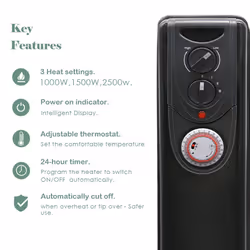 NRG Oil Filled Radiator Portable 11 Fin Electric Heater with Timer & Safety Tip Over Switch & Adjustable Thermostat (Black 2.5KW)