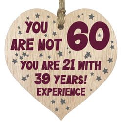 60th Birthday Gift For Women Men Wooden Heart Plaque, Light Wood Sign Keepsake, Happy Birthday Mum, Grandma, Dad, Husband, Wife, Uncle, Mum Gifts From