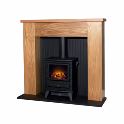 Adam New England Stove Fireplace Oak & Black + Hudson Electric Stove Black, 48"